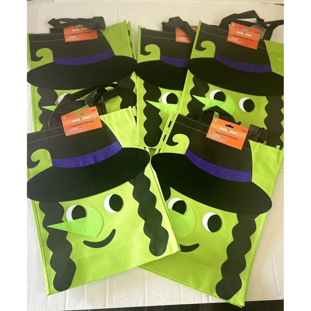 Trick or Treat Candy Bags Totes Halloween‎ Fabric Witch Large Lot of 5 Green New